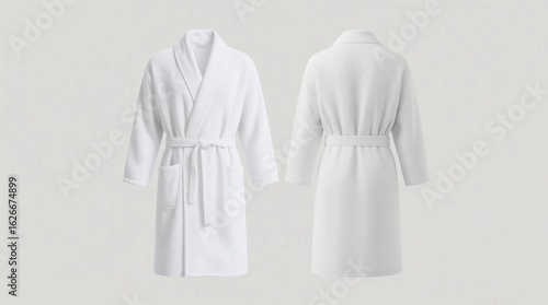 Blank white hotel bathrobe mockup, front and back view