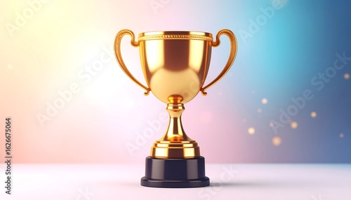 Gold trophy on a white background with a soft, blurred pastel background