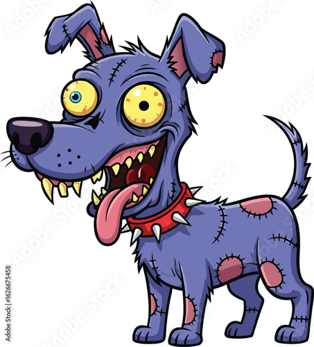 Cartoon zombie dog illustration with spiked collar and large exposed teeth looking excited