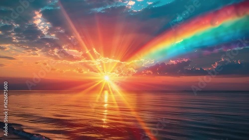 Vibrant Sunset Over Ocean with Rainbow and Dramatic Clouds Creating Serene and Colorful Scene