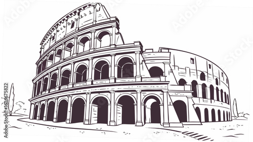 Illustration of the colosseum in rome with arches and a tree on the side in black and white style