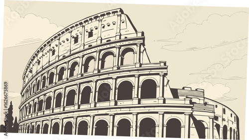 Illustration of the colosseum with arches and a cloudy sky in a sepia toned color palette style