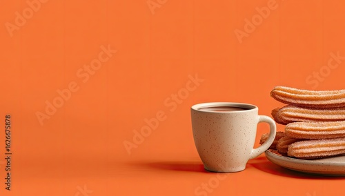 A muted beige mug of hot chocolate beside sugared churros on a coral background