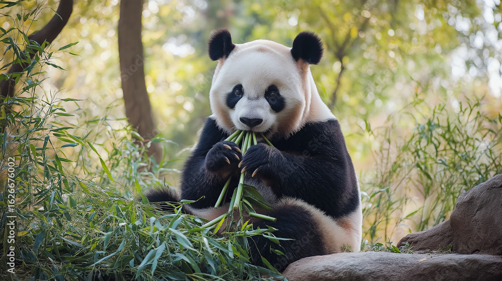 Naklejka premium An adorable panda in a zoo eating bamboo leaves 