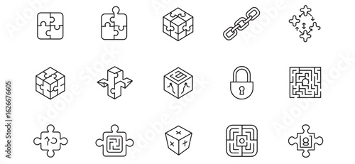 Assortment of conceptual outline icons depicting puzzles problem solving and connections