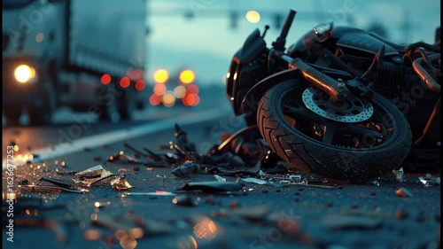 A devastating traffic collision scene showing a damaged motorcycle after a severe accident with a car	
