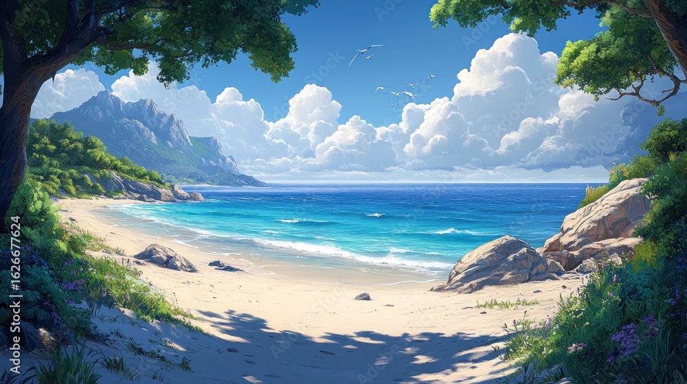 Fototapeta premium Waves gently lap at the sandy shore while fluffy clouds drift lazily overhead in daylight