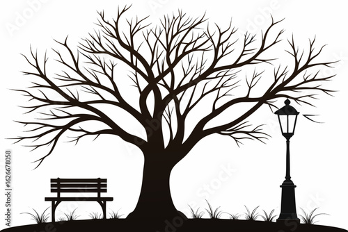 silhouette illustration of a large, bare deciduous tree with intricate, branching limbs