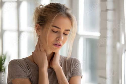 A beautiful young woman holding her neck in pain, a wrinkled expression on her face, stands in a bright modern interior. Close-up. Free Download A beautiful young woman holding her neck in pain, a wrinkled expression on her face, stands in a bright modern interior. Close-up. - GFXLoad