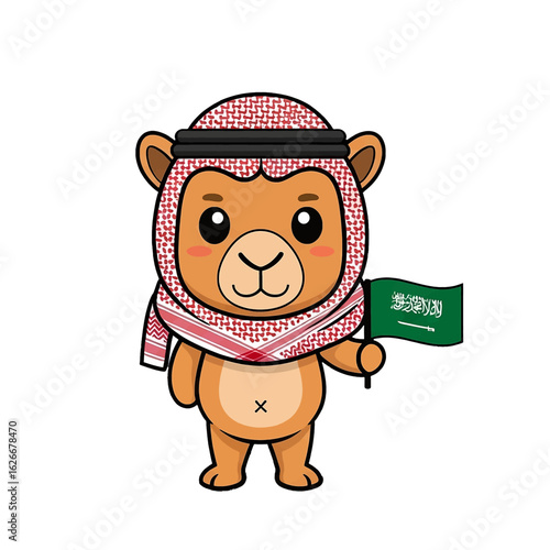 Cartoon camel character wearing a traditional Saudi Arabian headdress and scarf, holding a small Saudi Arabian flag.