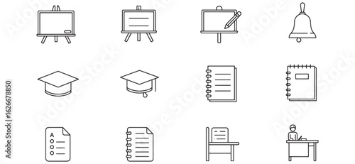 Black and white line art icons representing education and academic subjects