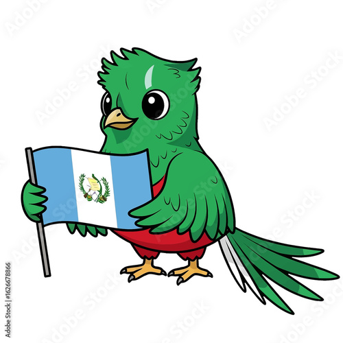 Cartoon illustration of a vibrant green quetzal bird proudly holding the Guatemalan flag.