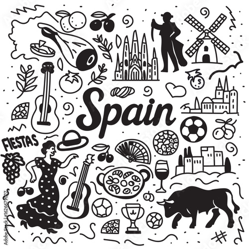 Creative Black and White Illustrations of Spanish Culture and Symbols with Fiestas, Food, and Landmarks
