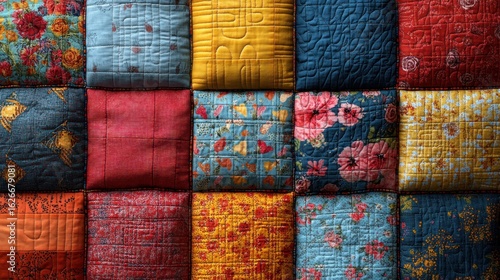 Vibrant quilt featuring diverse floral and geometric patterns creates a cozy ambiance