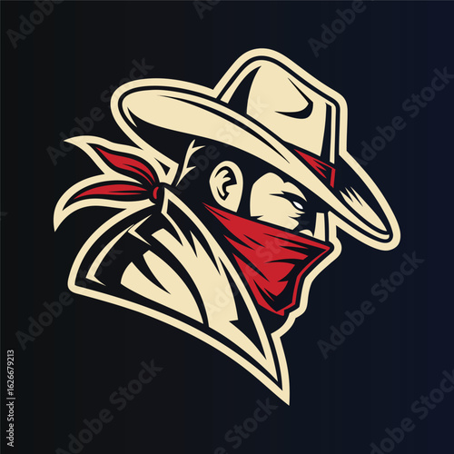 Vintage Western Outlaw Mascot Illustration with Hat and Bandana


