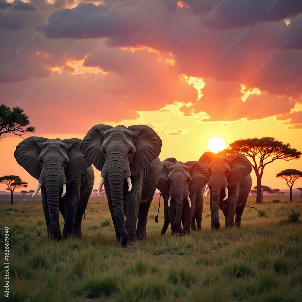 Fototapeta premium Elephant, Thai elephant, tusk, wild elephant, sunset, tree, nature, Generative AI