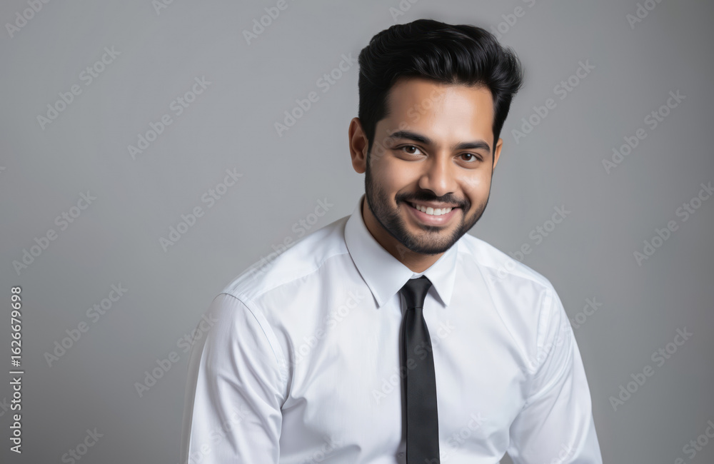 Young Indian man wearing white shirt black tie exudes professionalism confidence. Headshot portrait captures smiling face. Represents corporate executive leader management career ambition employee Young Indian man wearing white shirt black tie exudes professionalism confidence. Headshot portrait captures smiling face. Represents corporate executive leader management career ambition employee