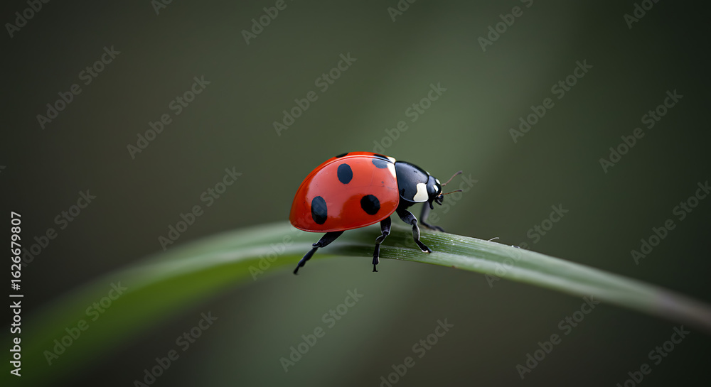 Fototapeta premium A Ladybug on a Green Leaf in a Tranquil Garden Setting