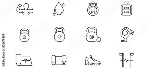 Collection of line art workout icons depicting gym activities and healthy living