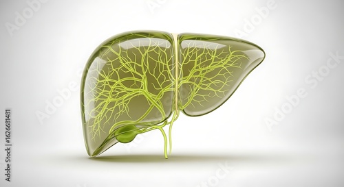 Transparent liver illustration with green veins and gallbladder on a white background.