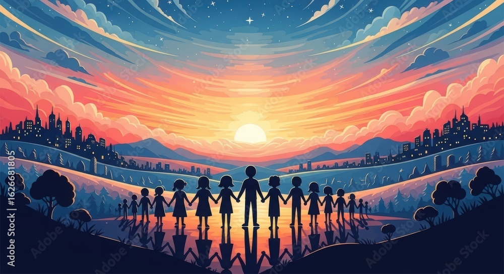 Fototapeta premium Children holding hands under a vibrant sunset sky with a city skyline view