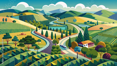 Grapevines align in perfect symmetry, their leaves flickering with wind and sun. The curving path reflects afternoon warmth, whispering stories of harvests and rolling hills in Victoria’s wine country