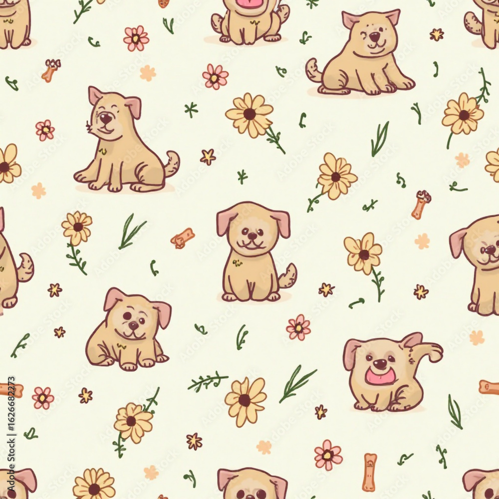 Obraz premium Fabric pattern background, dog, brown dog, flowers, brown flowers Generative AI 