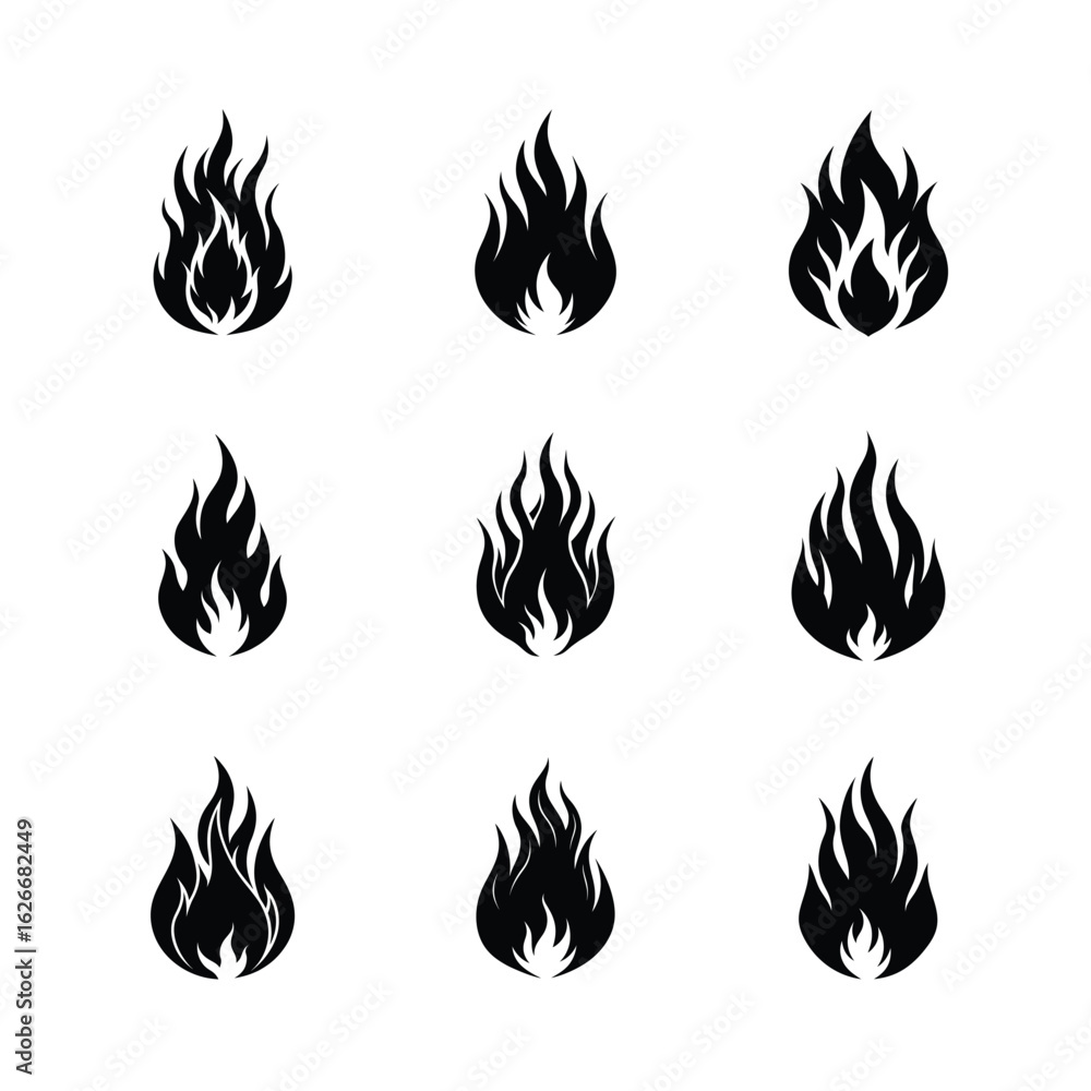 Set of Black Fire Flame Silhouette Icons Set of Black Fire Flame Silhouette Icons