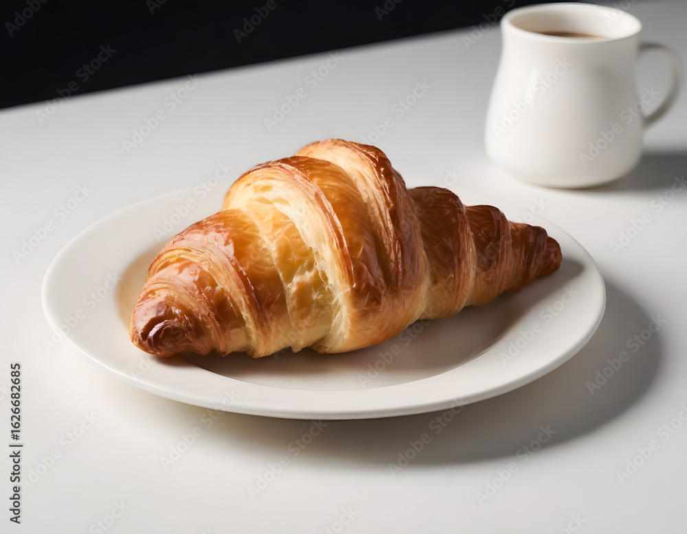 realistic close-up of a freshly baked golden brown croissant on a small white plate realistic close-up of a freshly baked golden brown croissant on a small white plate