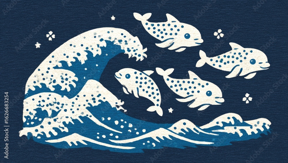 Fototapeta premium Cute dolphins leaping over a stylized wave