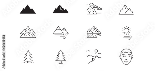 Line art illustrated collection of mountains weather elements and human face icons