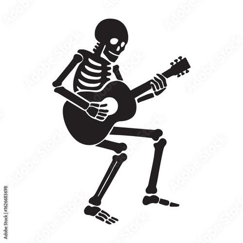 Skeleton playing acoustic guitar in a seated pose

