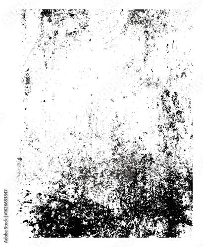 Distressed grunge texture overlay of dirt, grime, and scratches on transparent background. Worn old surface with rough erosion, weathered marks, damage, stains, and gritty emulsion plate look.