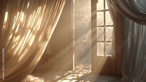 Sunlight Streams Through Sheer Curtains into Serene Room with Open Door, Creating Peaceful and Inviting Atmosphere with Soft