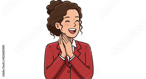 Vector of a businesswoman clapping joyfully during team success – plain white background