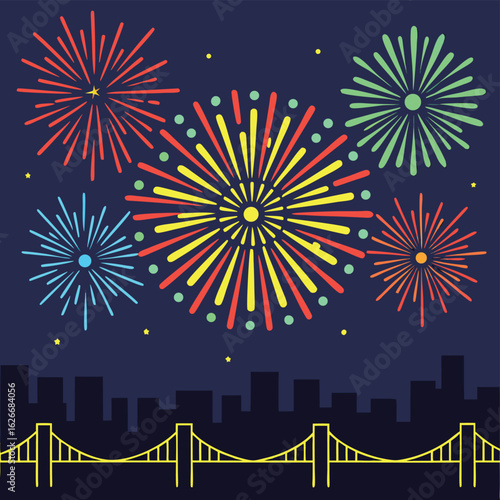 Vibrant pyrotechnics and colorful fireworks illuminate the night sky over a city celebration