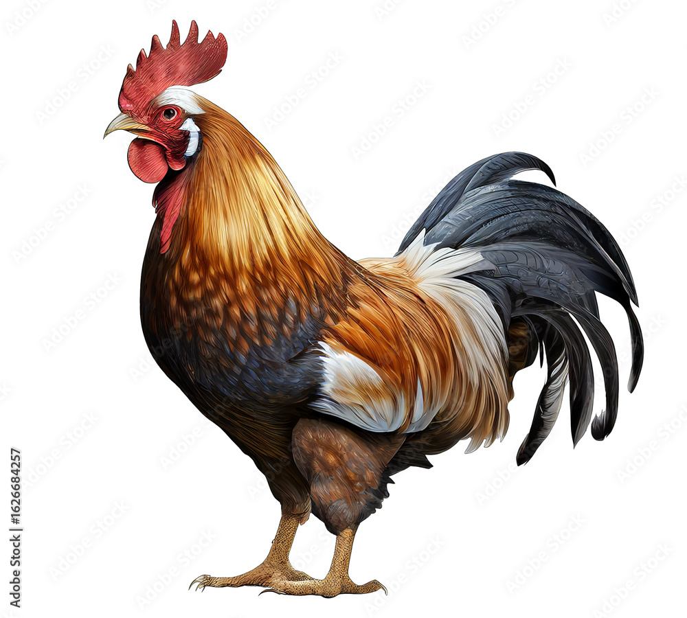 Fototapeta premium Majestic Rooster with Golden and Black Feathers Isolated on White