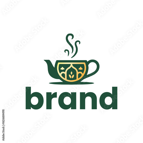 Herbal Tea Cup Logo Warm Green Leaf Infused Tea Branding
