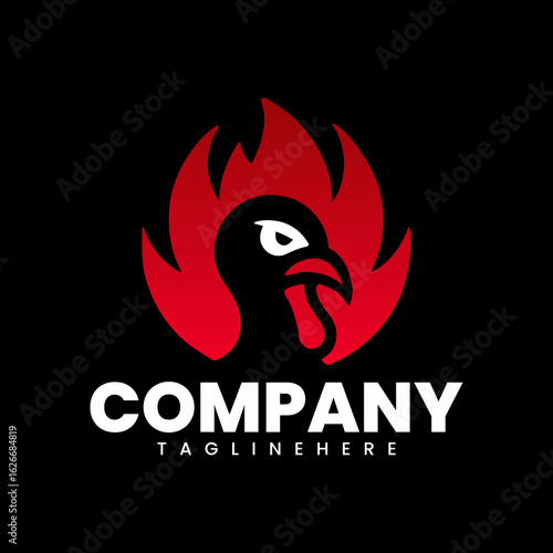 Bold Rooster Logo with Flame Aggressive Animal Mascot