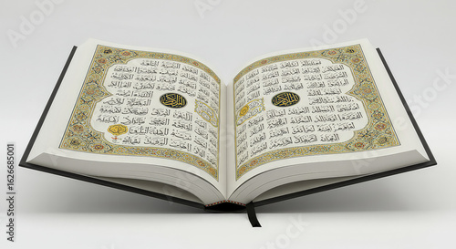Open holy book showing golden pages with arabic text on white background