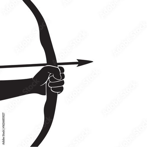 Bow and arrow isolated on white background with hand holding weapon tool
