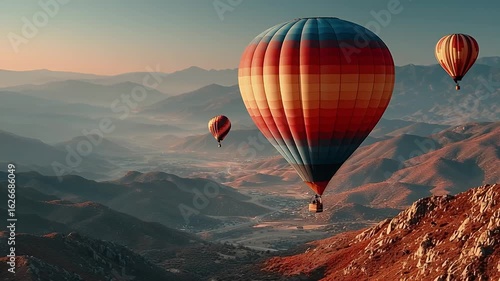 Serene Adventure Colorful Hot Air Balloons Over Scenic Mountain Landscape at Sunrise