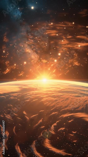 Breathtaking Sunrise Over Planet Horizon Vibrant Galaxy, Swirling Clouds, and Starry Sky from Space