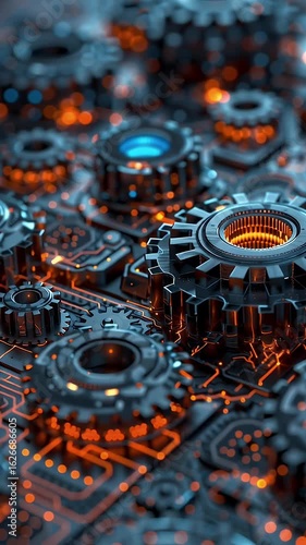 Futuristic Mechanical Gears with Glowing Orange Circuits Create High Tech Technology Scene