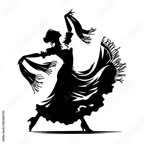 Black and white silhouette vector of a gypsy dance on white background  