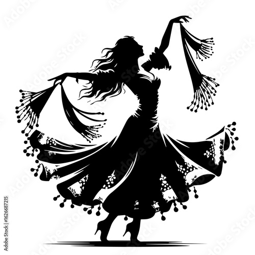 Black and white silhouette vector of a gypsy dance on white background  