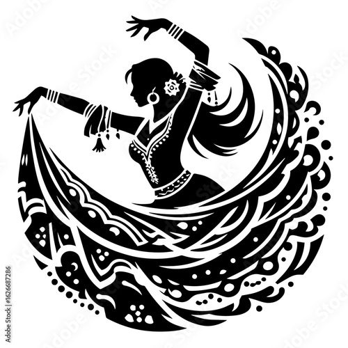 Black and white silhouette vector of a gypsy dance on white background  