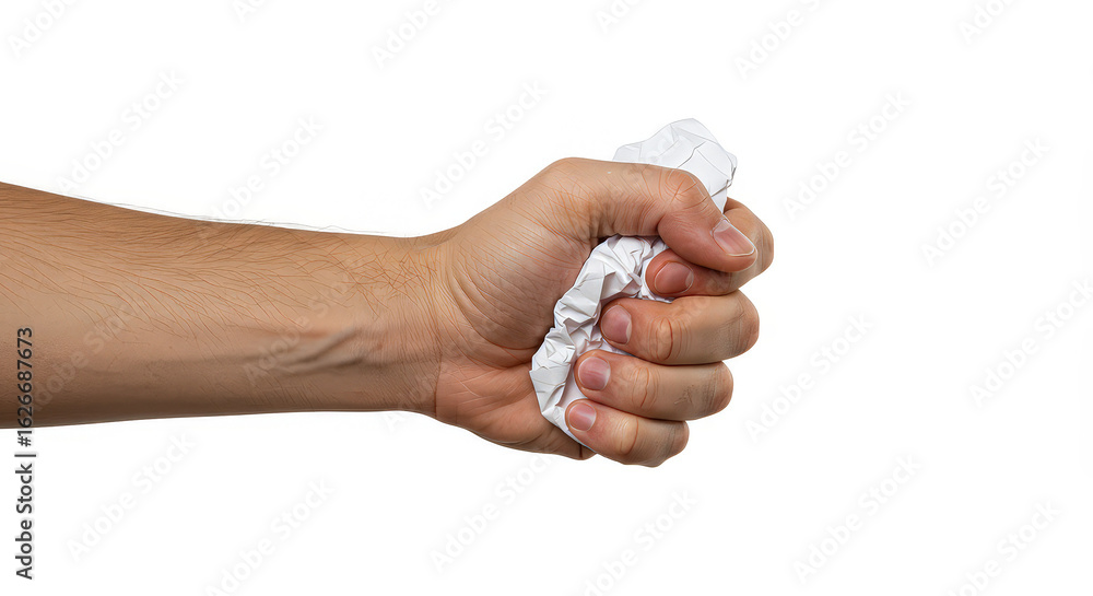 Fototapeta premium Human hand clenching crumpled white paper against isolated background