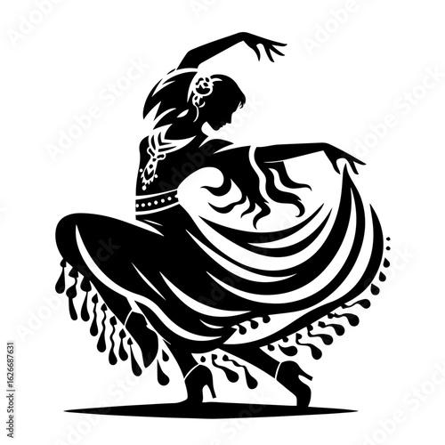 Black and white silhouette vector of a gypsy dance on white background  