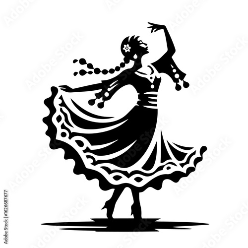 Black and white silhouette vector of a gypsy dance on white background  
